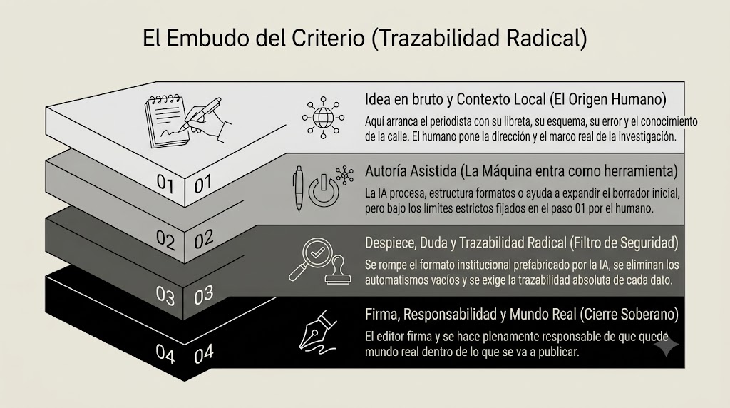 Composición editorial sobre filtros, capas de decisión y responsabilidad en procesos asistidos por inteligencia artificial.