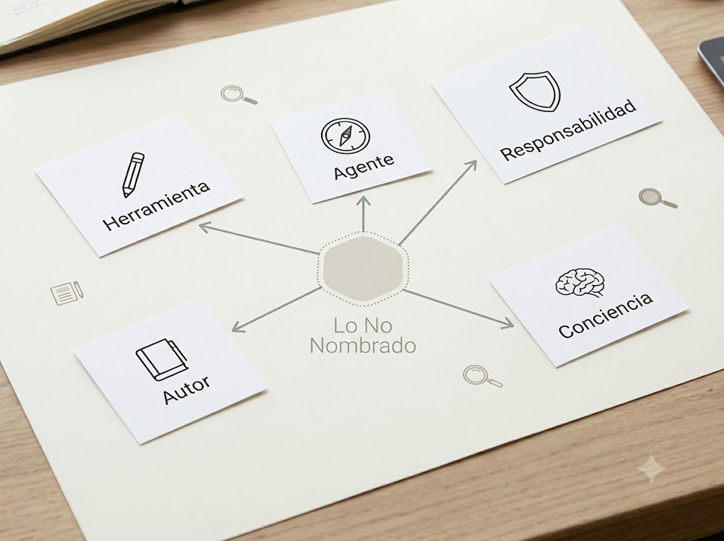 Imagen editorial generada con Gemini 3.1 sobre palabras como herramienta, usuario, autor, agente, conciencia, especie, responsabilidad y voluntad.